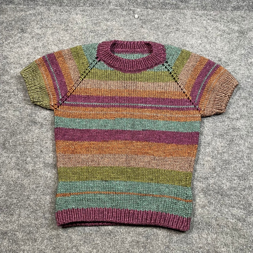 Handmade Multicolor Striped Knit Short Sleeve Sweater Crew Neck Boho Top 12034